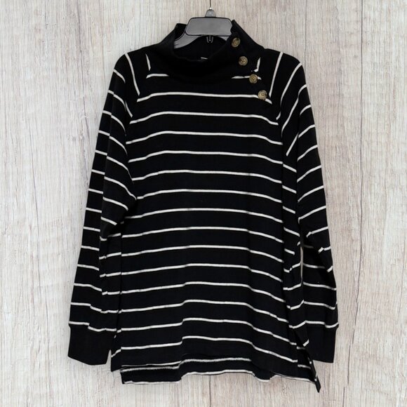 J.Crew Striped Fleece Funnel Neck Button Top Fleece Tunic Black White XL - Picture 1 of 6